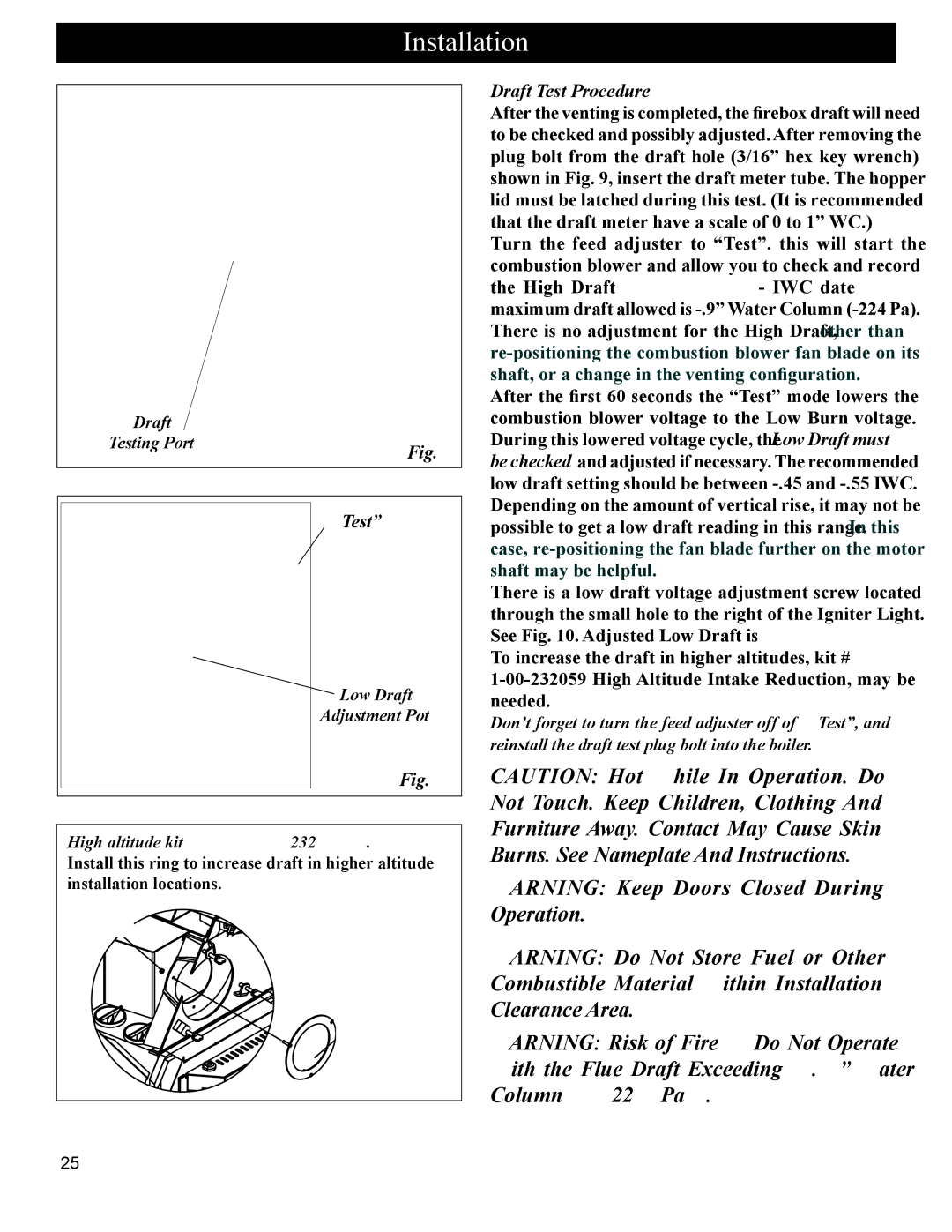 Heatiator BH60 manual Draft Test Procedure, Low Draft Adjustment Pot High altitude kit #1-00-232059 