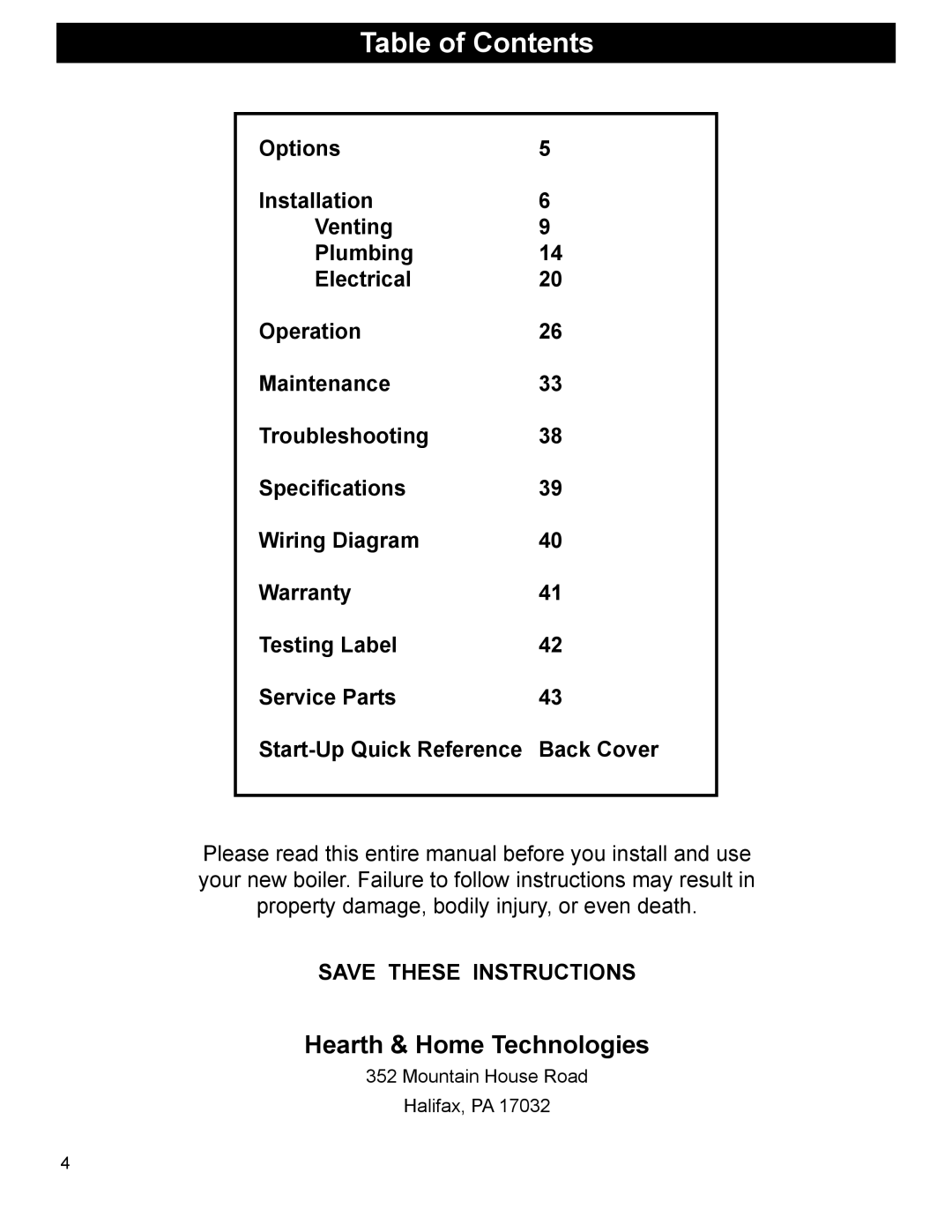 Heatiator BH60 manual Table of Contents 