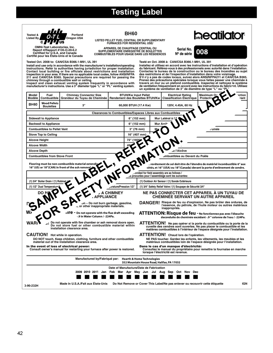 Heatiator BH60 manual Efe, Testing Label 