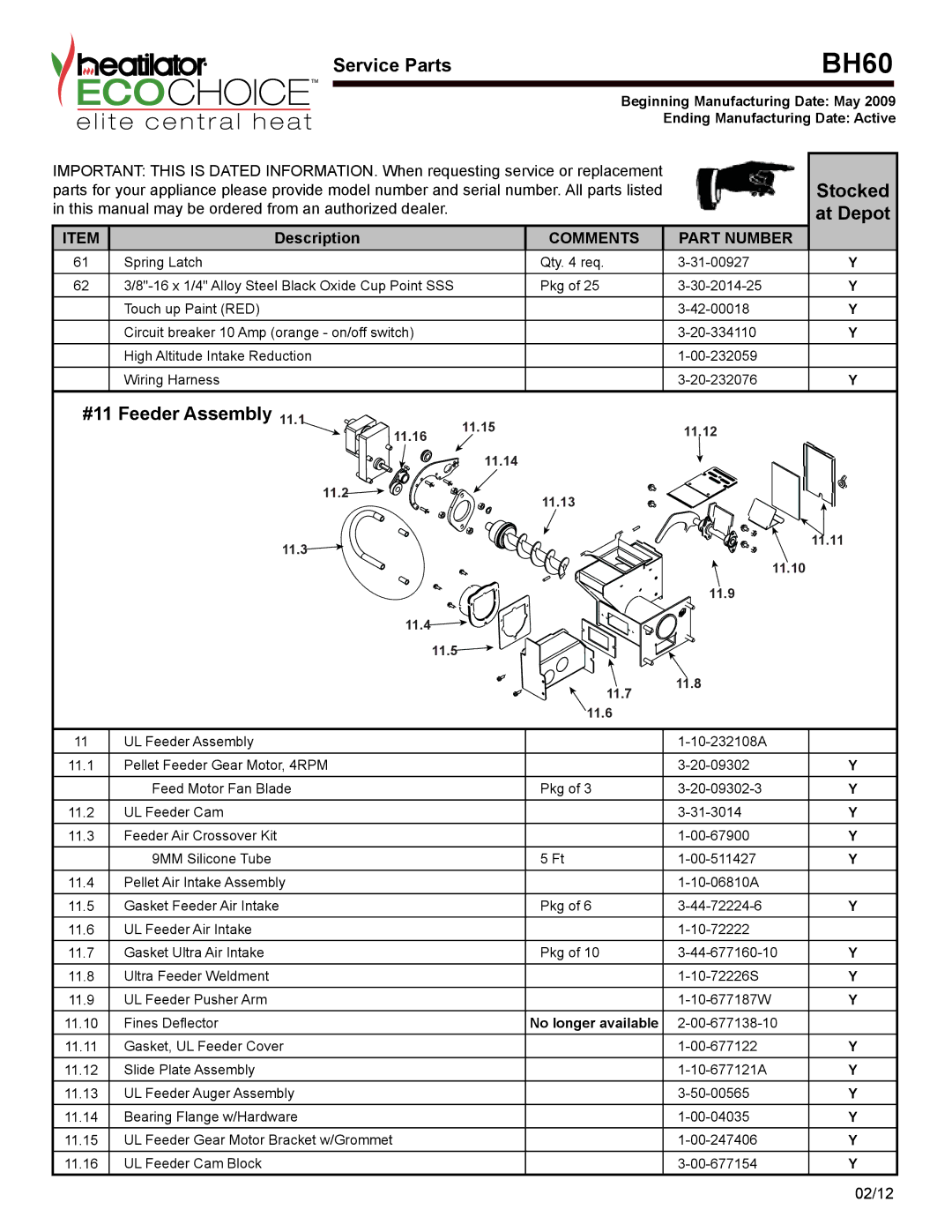 Heatiator BH60 manual #11 Feeder Assembly 