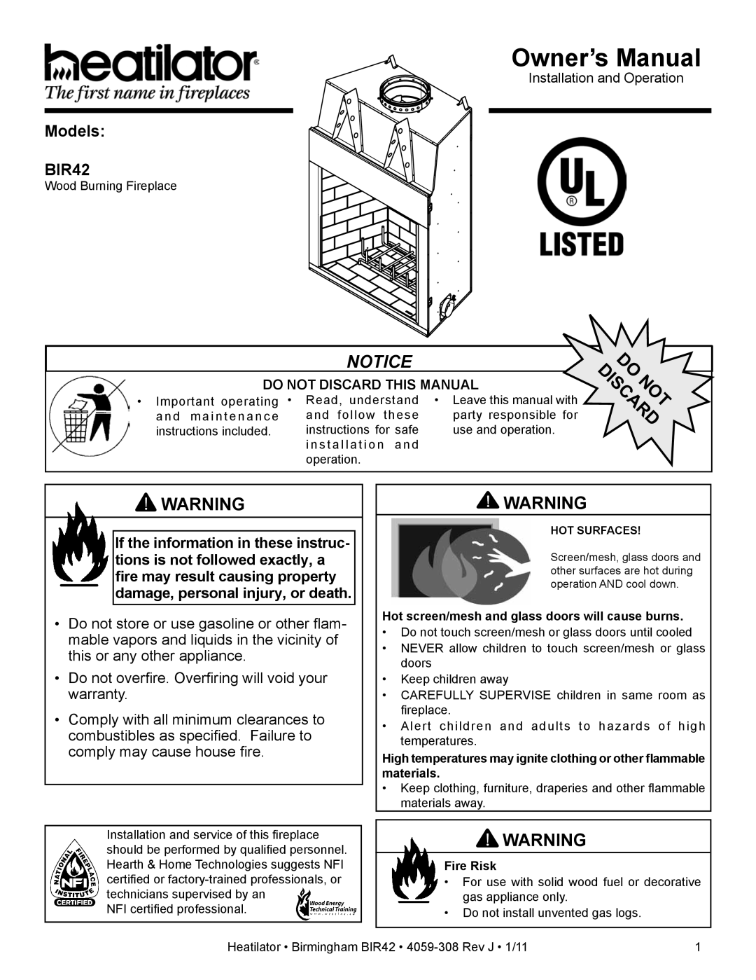 Heatiator BIR42 owner manual Hot screen/mesh and glass doors will cause burns, Fire Risk 