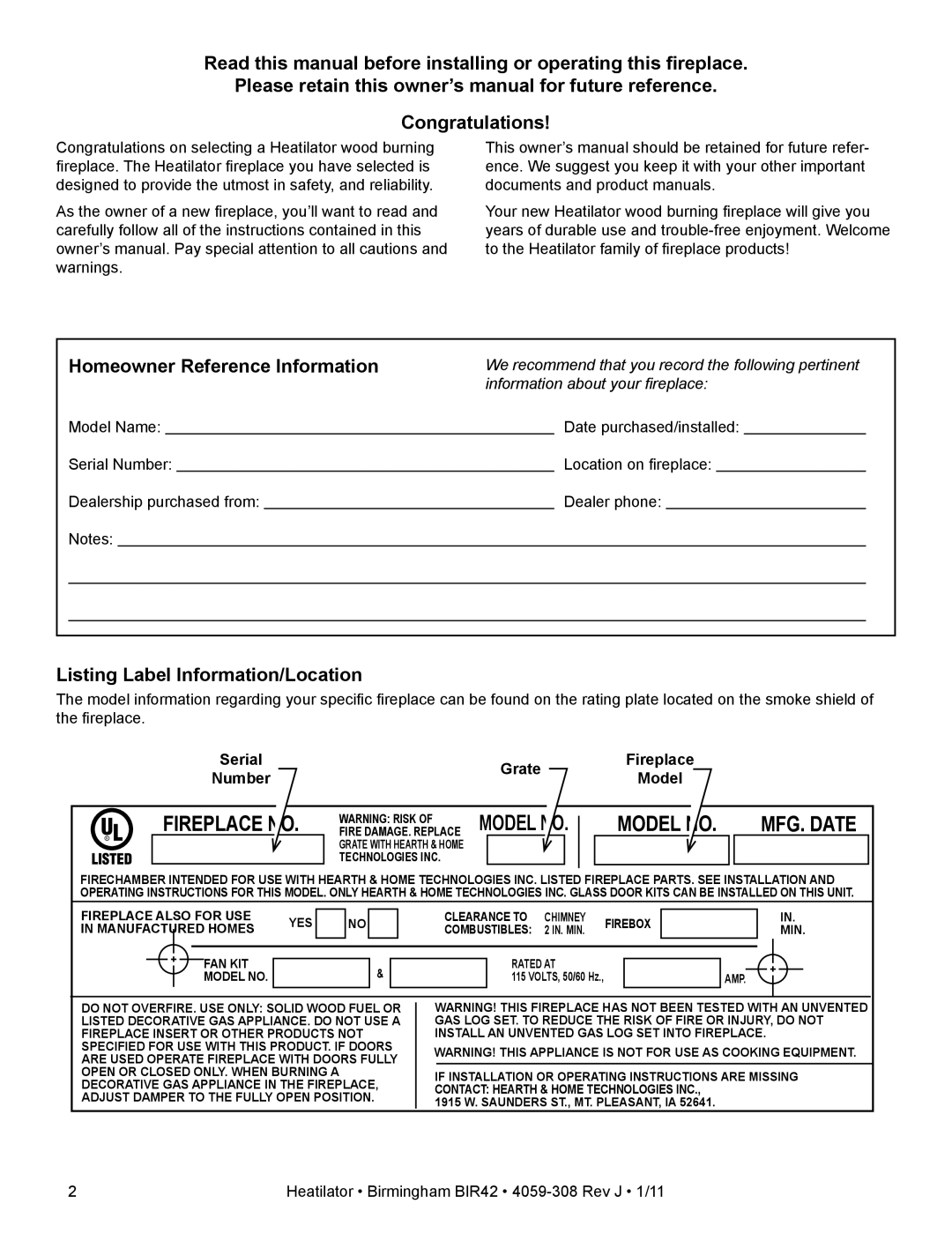 Heatiator BIR42 owner manual Listing Label Information/Location, Grate, Number 