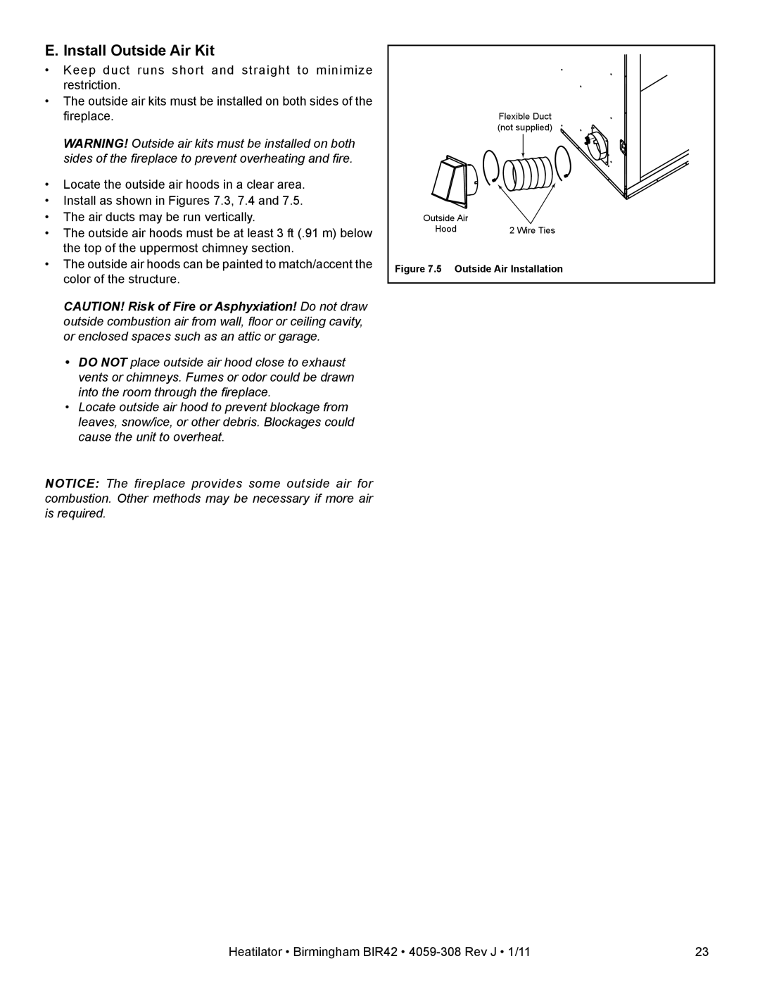 Heatiator BIR42 owner manual Install Outside Air Kit, Outside Air Installation 