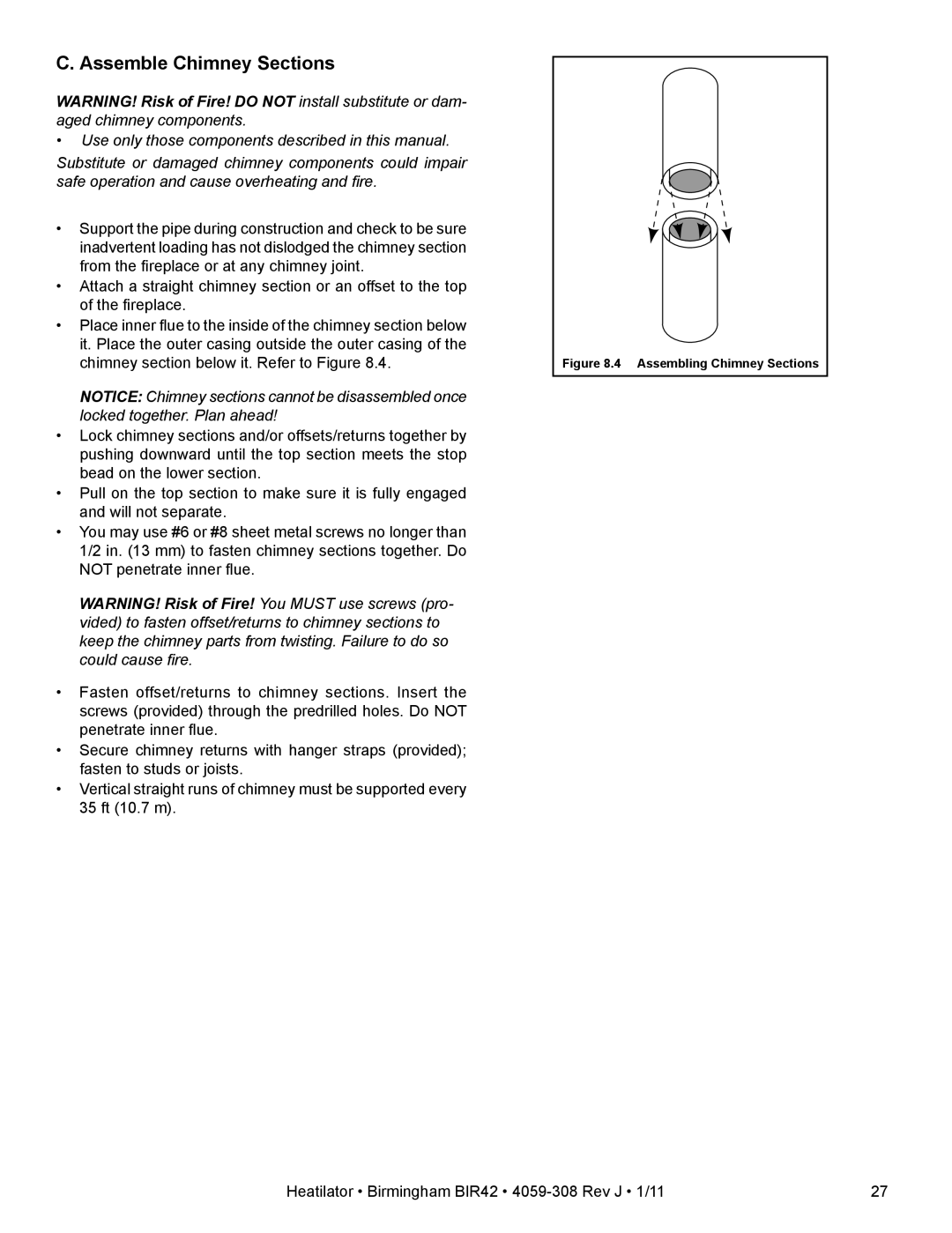 Heatiator BIR42 owner manual Assemble Chimney Sections, Assembling Chimney Sections 