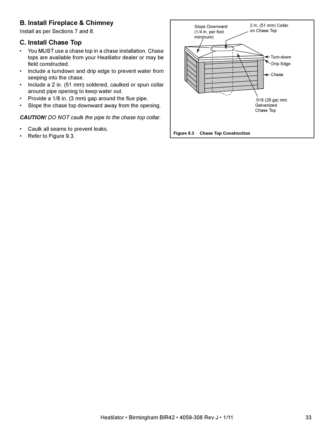 Heatiator BIR42 owner manual Install Fireplace & Chimney, Install Chase Top 