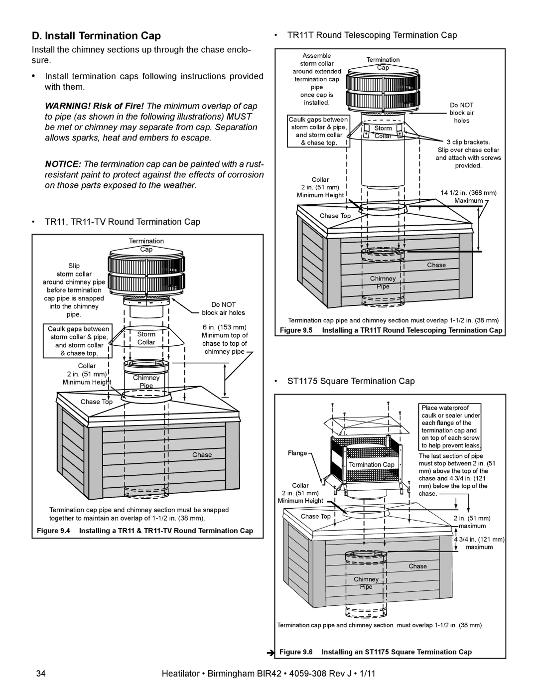 Heatiator BIR42 owner manual Install Termination Cap, ST1175 Square Termination Cap 