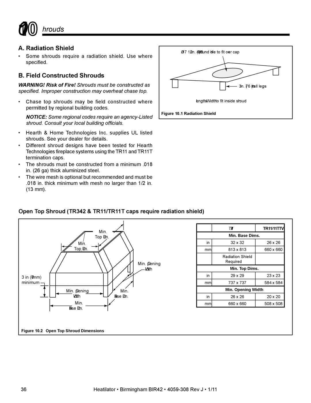 Heatiator BIR42 owner manual Radiation Shield, Field Constructed Shrouds 