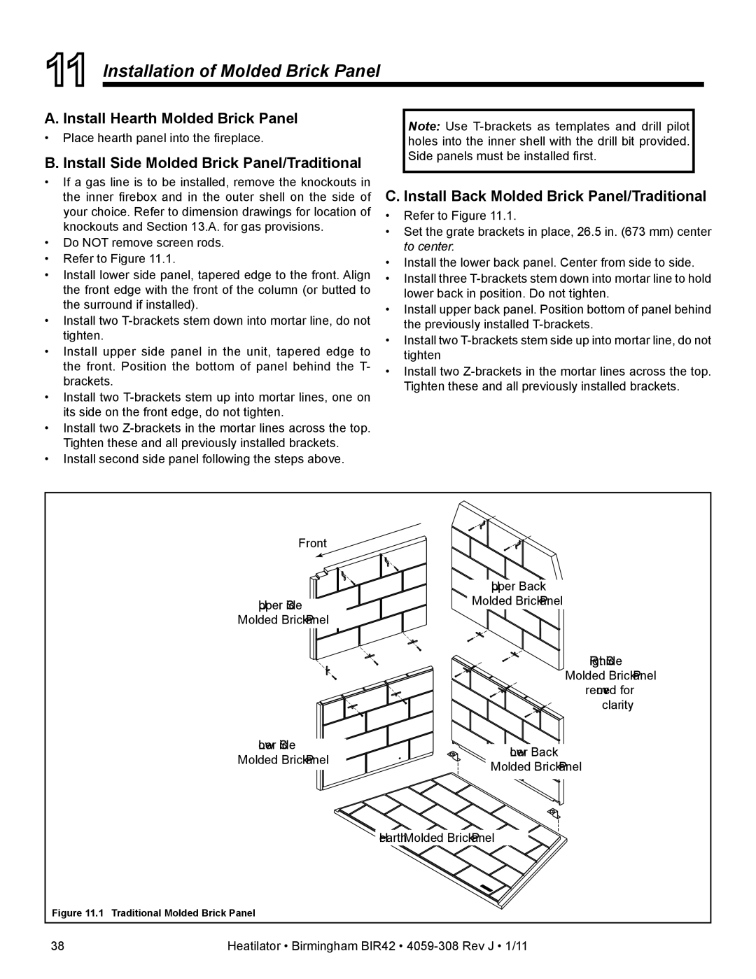 Heatiator BIR42 owner manual Installation of Molded Brick Panel, Install Hearth Molded Brick Panel 