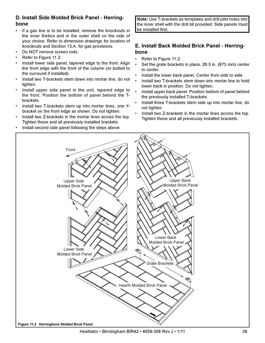 Heatiator BIR42 owner manual Install Side Molded Brick Panel Herring- bone, Install Back Molded Brick Panel Herring- bone 