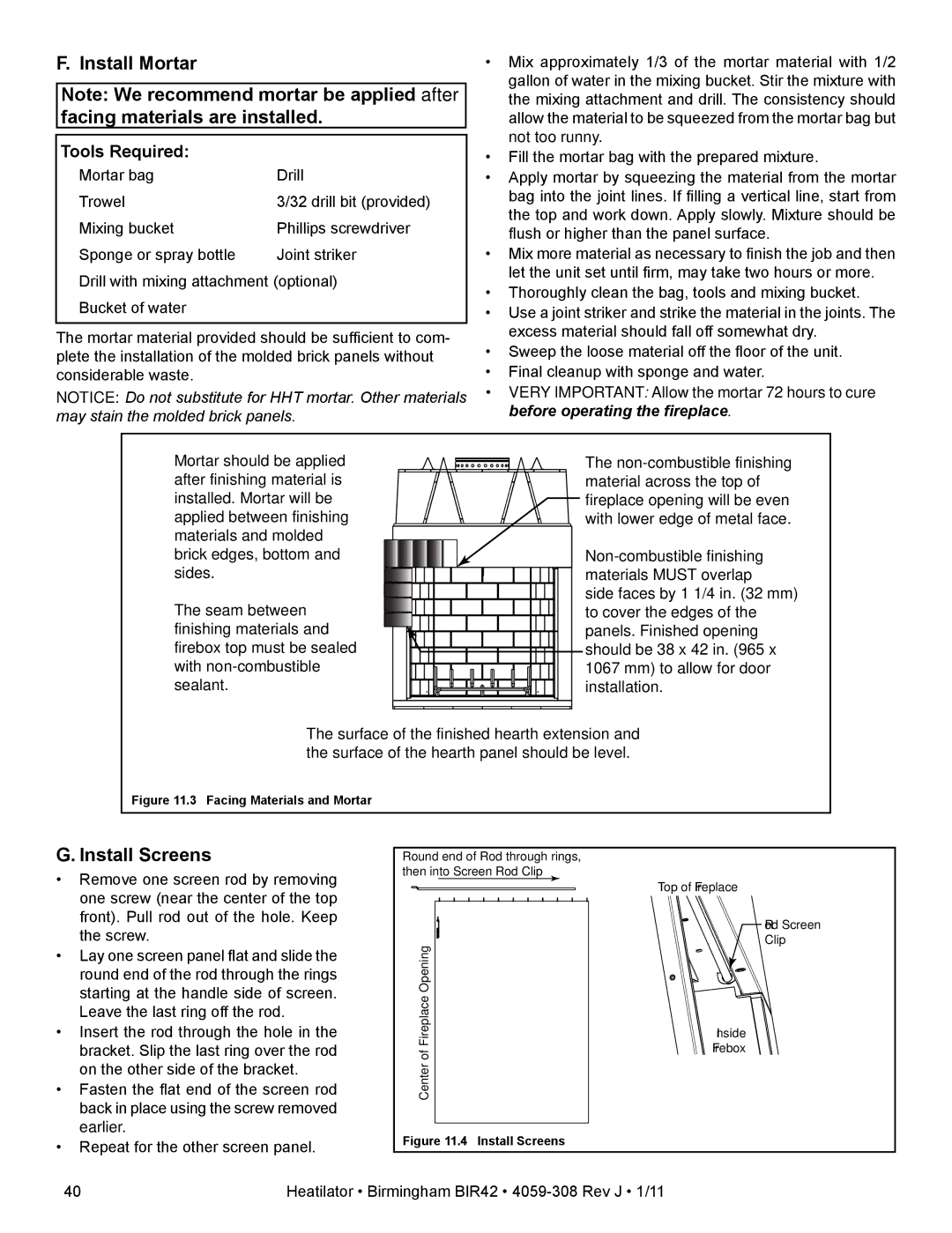 Heatiator BIR42 owner manual Install Mortar, Install Screens, Tools Required 