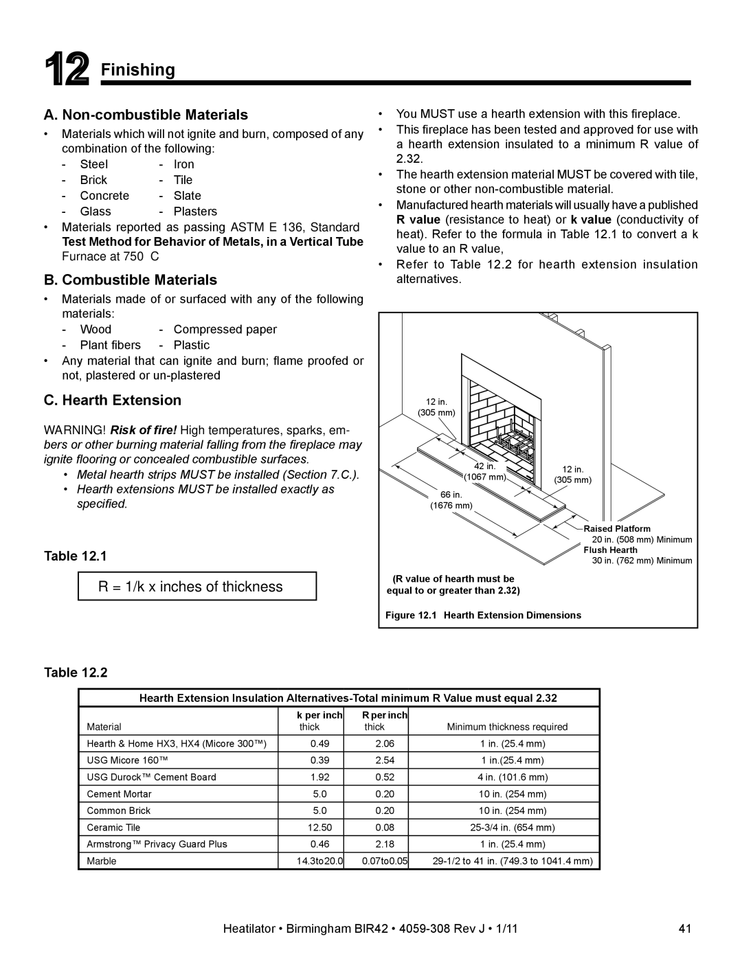 Heatiator BIR42 owner manual Finishing, Hearth Extension, = 1/k x inches of thickness 