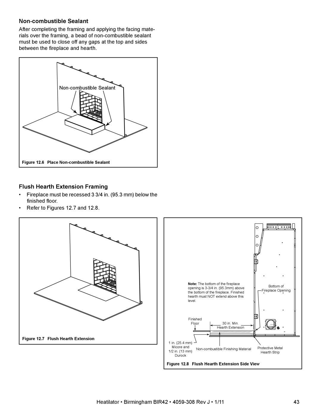 Heatiator BIR42 owner manual Non-combustible Sealant, Flush Hearth Extension Framing 