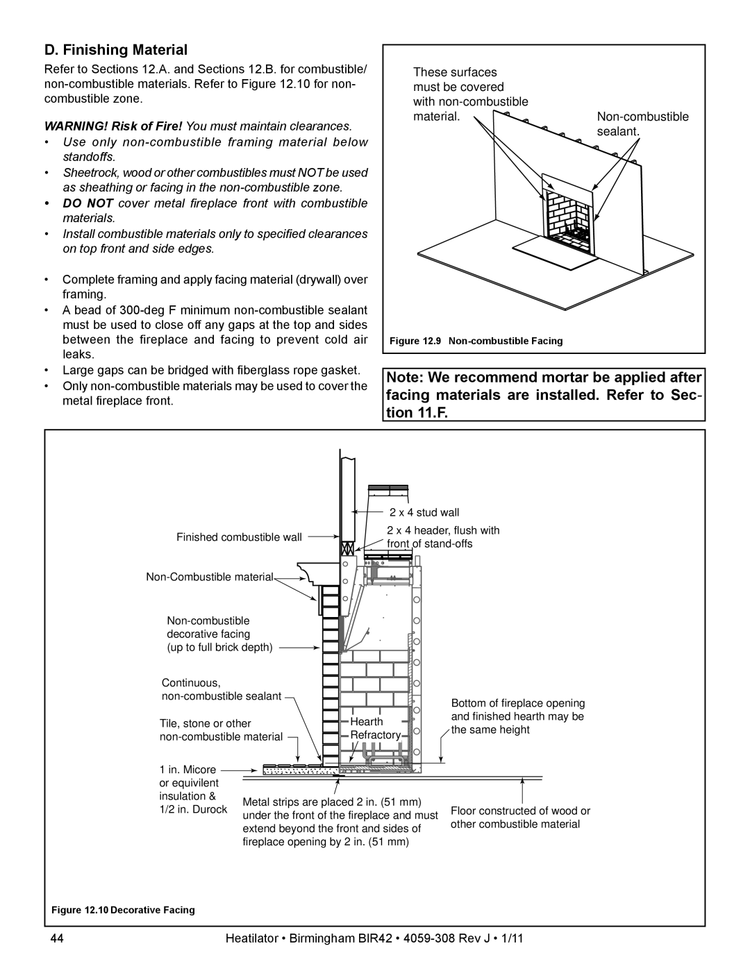 Heatiator BIR42 owner manual Finishing Material, Use only non-combustible framing material below standoffs 