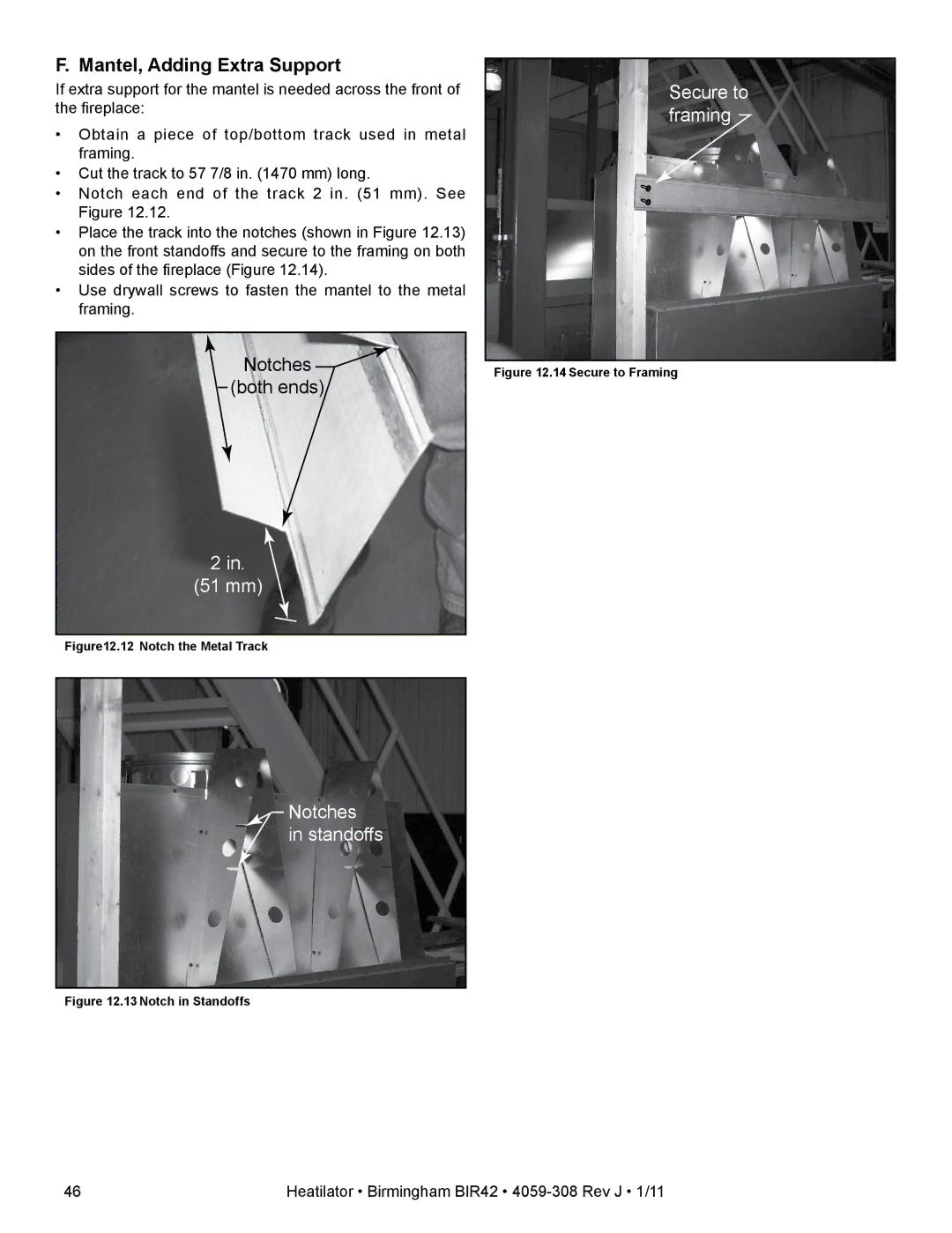 Heatiator BIR42 owner manual Mantel, Adding Extra Support, Notch the Metal Track 