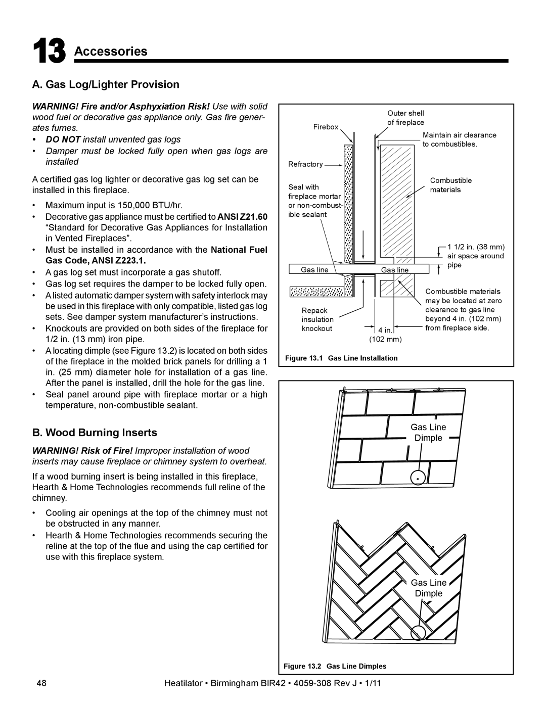 Heatiator BIR42 owner manual Accessories, Gas Log/Lighter Provision, Wood Burning Inserts, Gas Code, Ansi Z223.1 