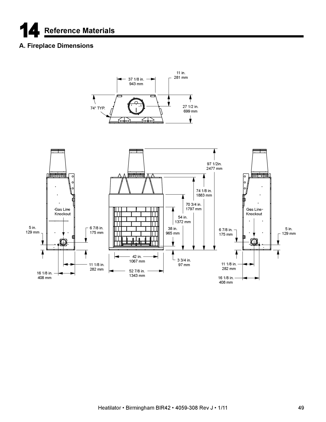 Heatiator BIR42 owner manual Reference Materials, Fireplace Dimensions 