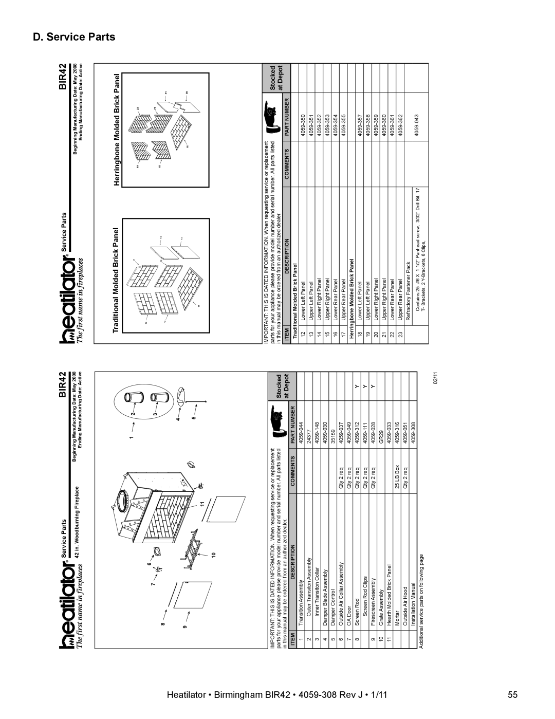 Heatiator BIR42 owner manual Service Parts 