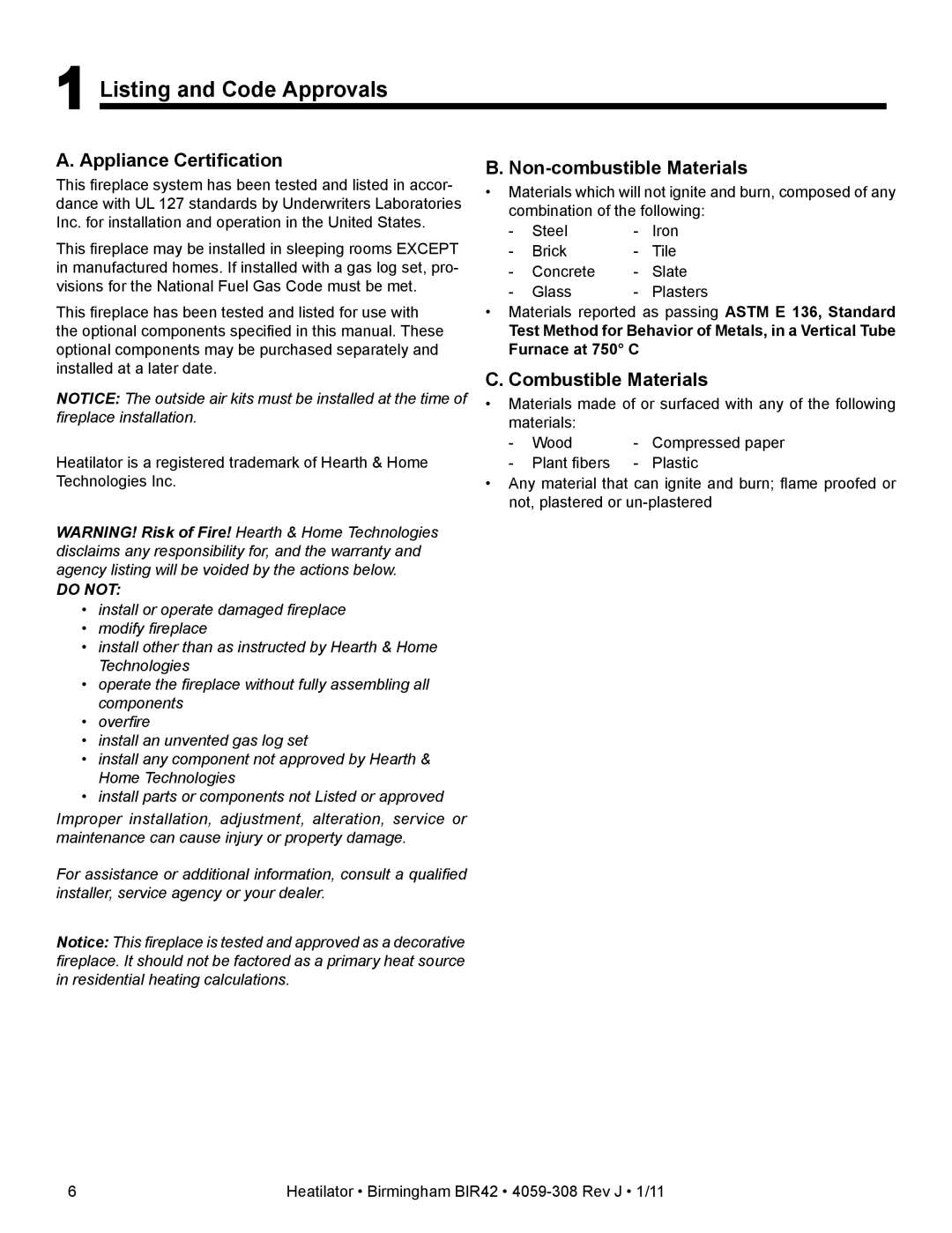 Heatiator BIR42 Listing and Code Approvals, Appliance Certification, Non-combustible Materials, Combustible Materials 