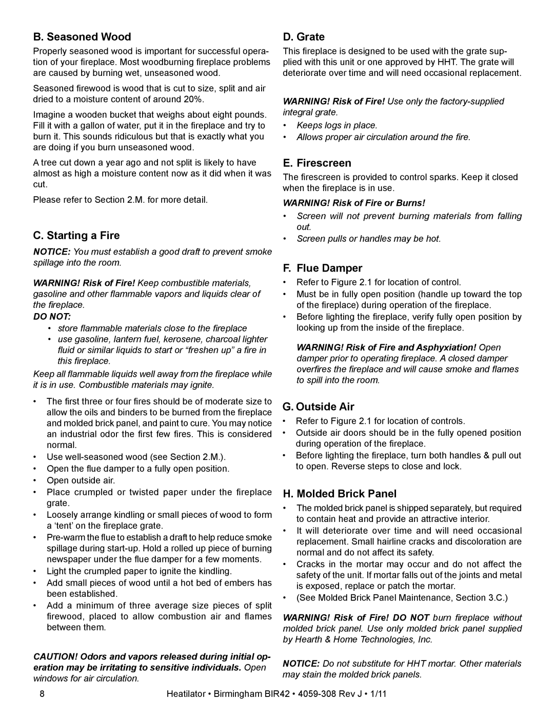 Heatiator BIR42 Seasoned Wood, Starting a Fire, Grate, Firescreen, Flue Damper, Outside Air, Molded Brick Panel 
