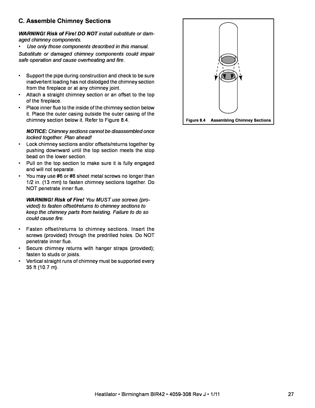 Heatiator BIR42 owner manual C. Assemble Chimney Sections 
