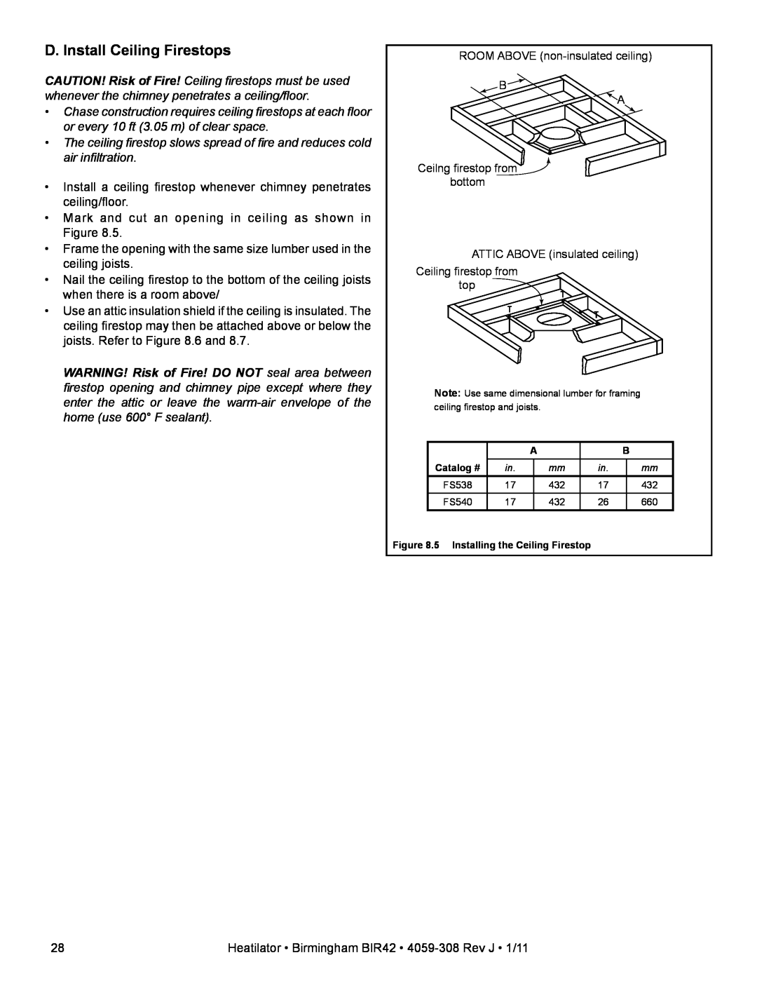 Heatiator BIR42 owner manual D. Install Ceiling Firestops 