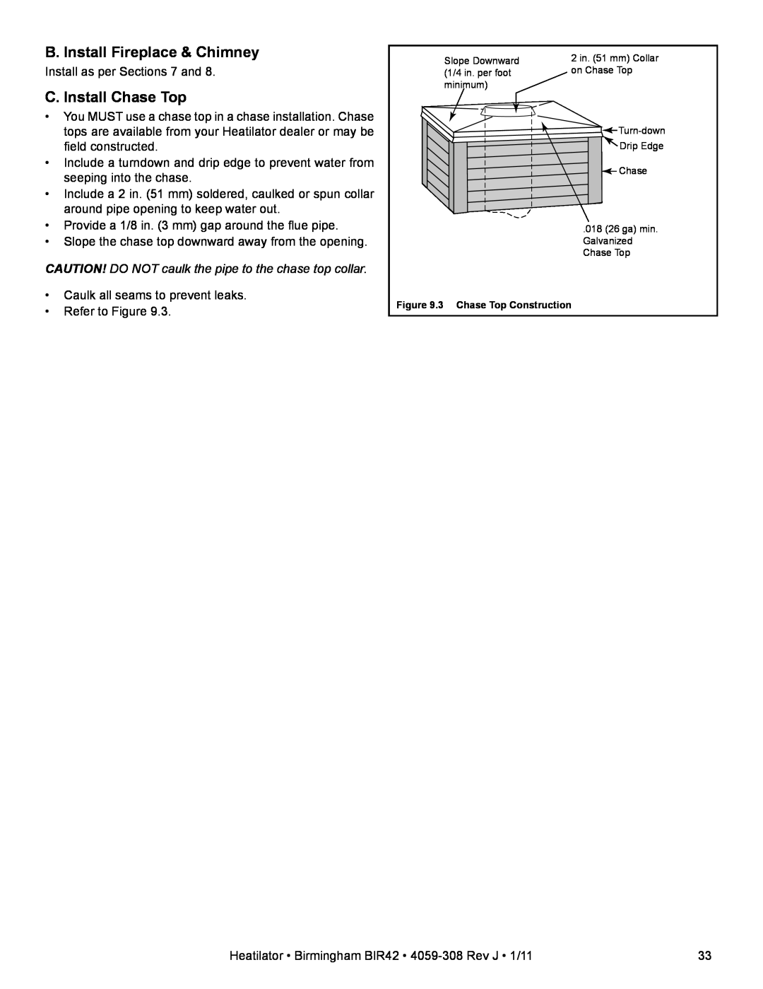 Heatiator BIR42 owner manual B. Install Fireplace & Chimney, C. Install Chase Top 