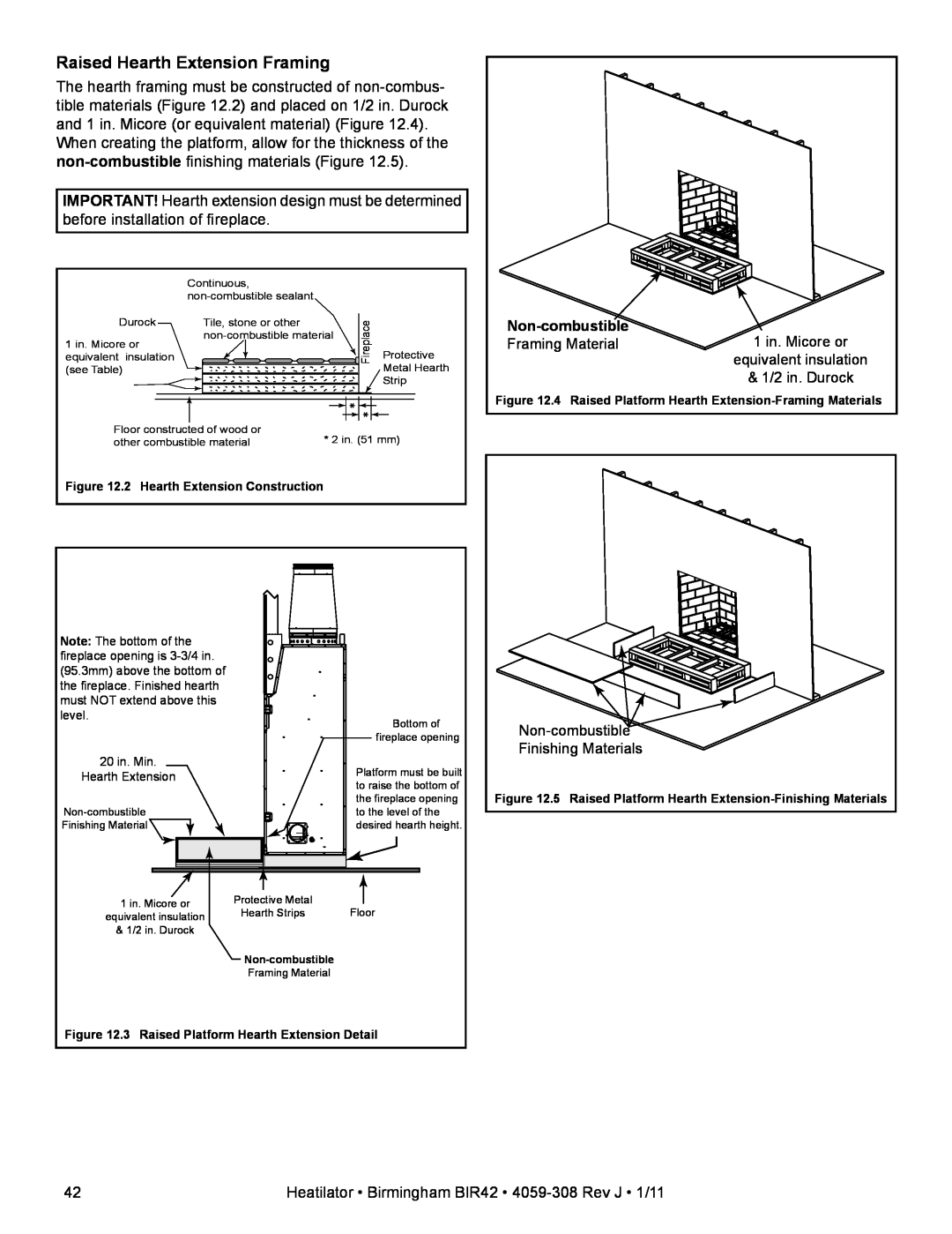 Heatiator BIR42 owner manual Raised Hearth Extension Framing, Non-combustible, Framing Material, equivalent insulation 