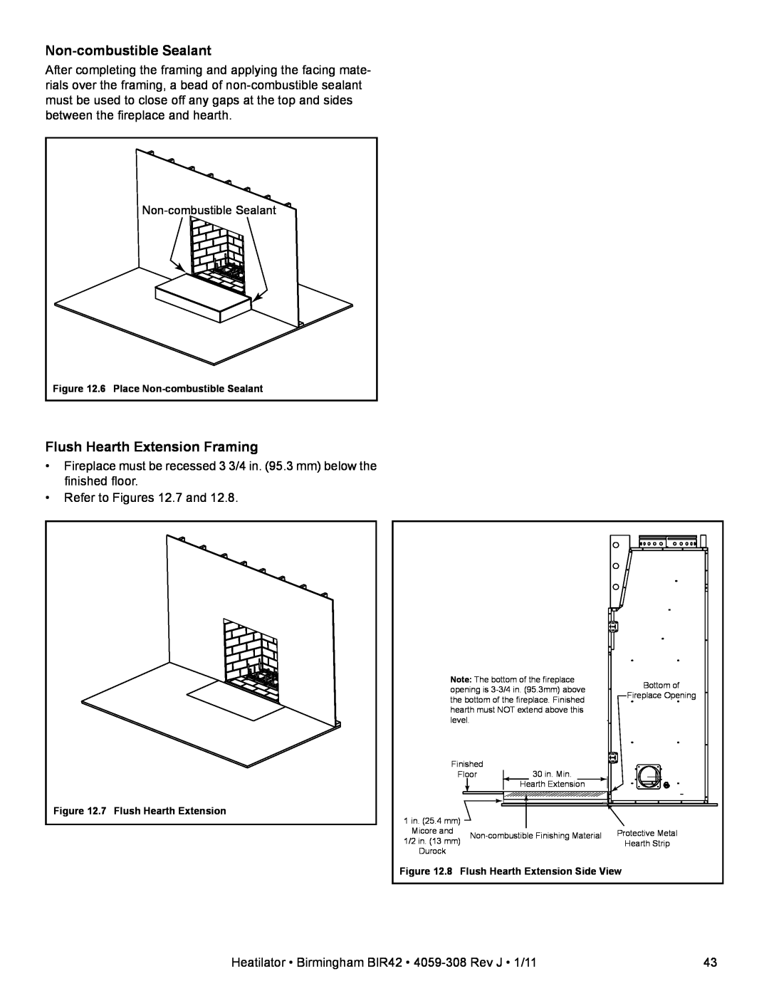 Heatiator BIR42 owner manual Non-combustibleSealant, Flush Hearth Extension Framing 