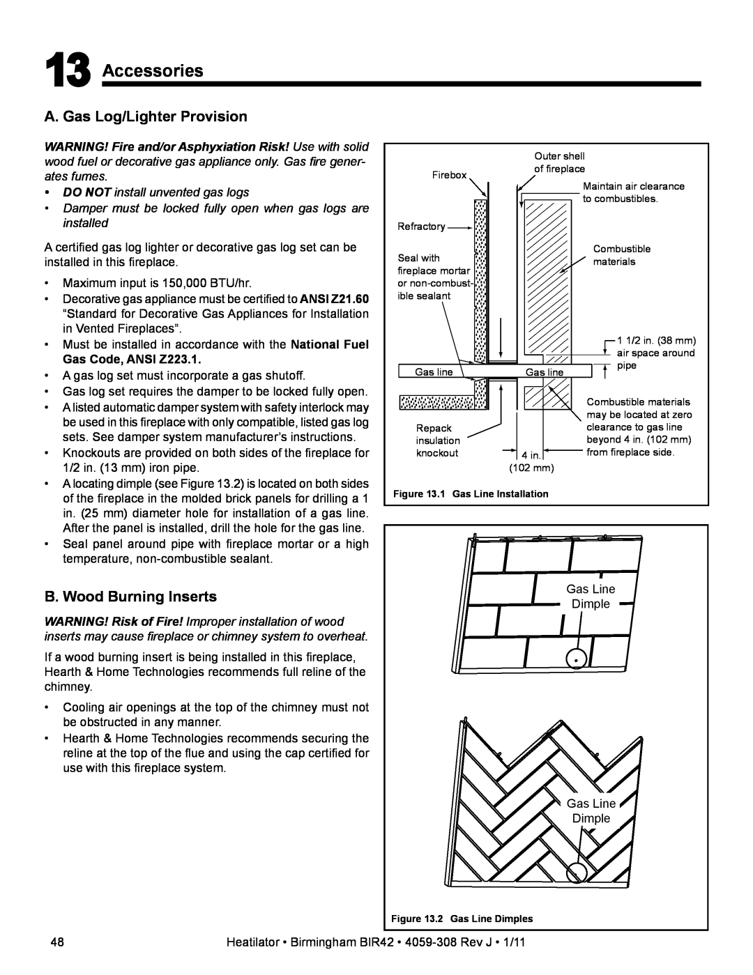 Heatiator BIR42 owner manual Accessories, A. Gas Log/Lighter Provision, B. Wood Burning Inserts, Gas Code, ANSI Z223.1 