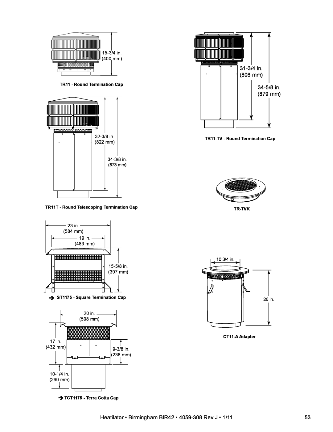 Heatiator BIR42 owner manual 31-3/4in 806 mm 34-5/8in 879 mm, 15-3/4in 400 mm 