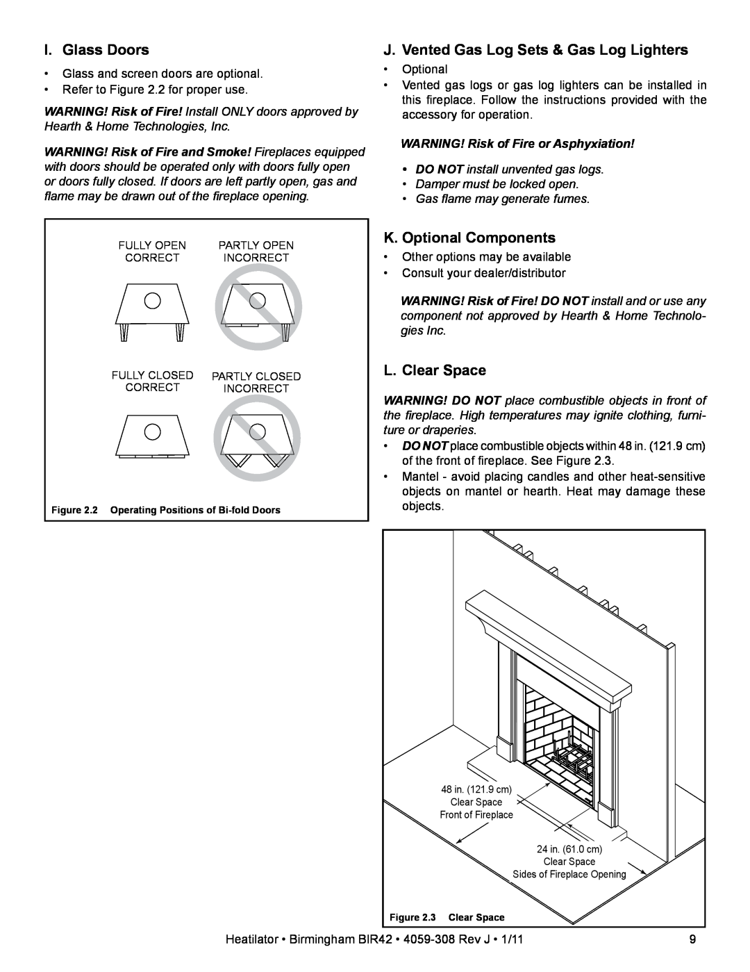 Heatiator BIR42 I. Glass Doors, J. Vented Gas Log Sets & Gas Log Lighters, K. Optional Components, L. Clear Space 
