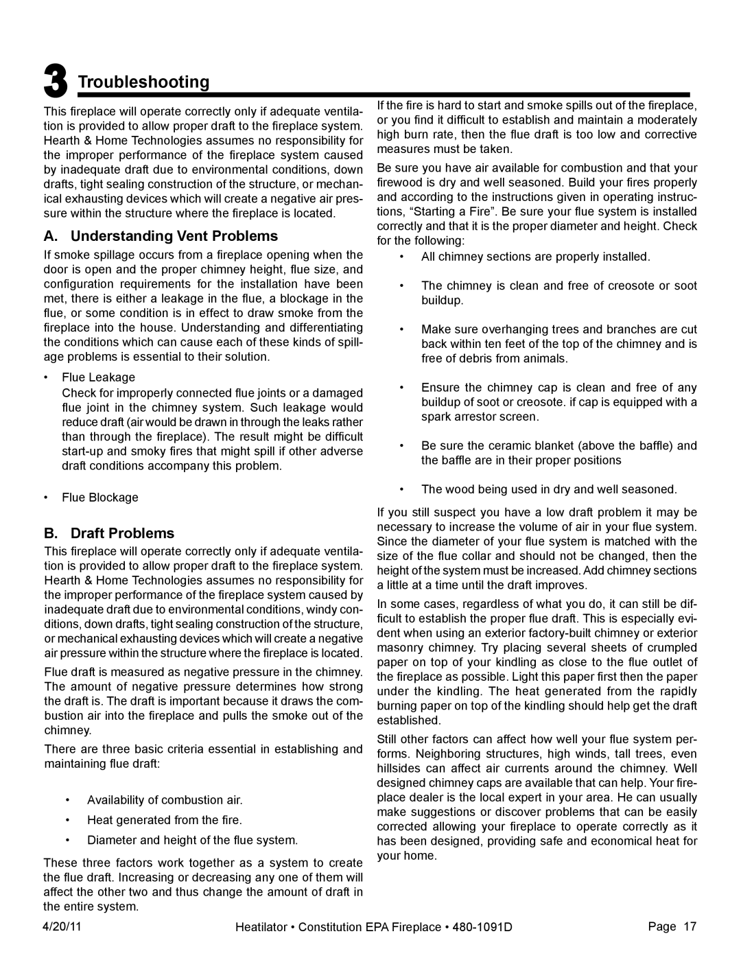 Heatiator C40 owner manual Troubleshooting, Understanding Vent Problems, Draft Problems 