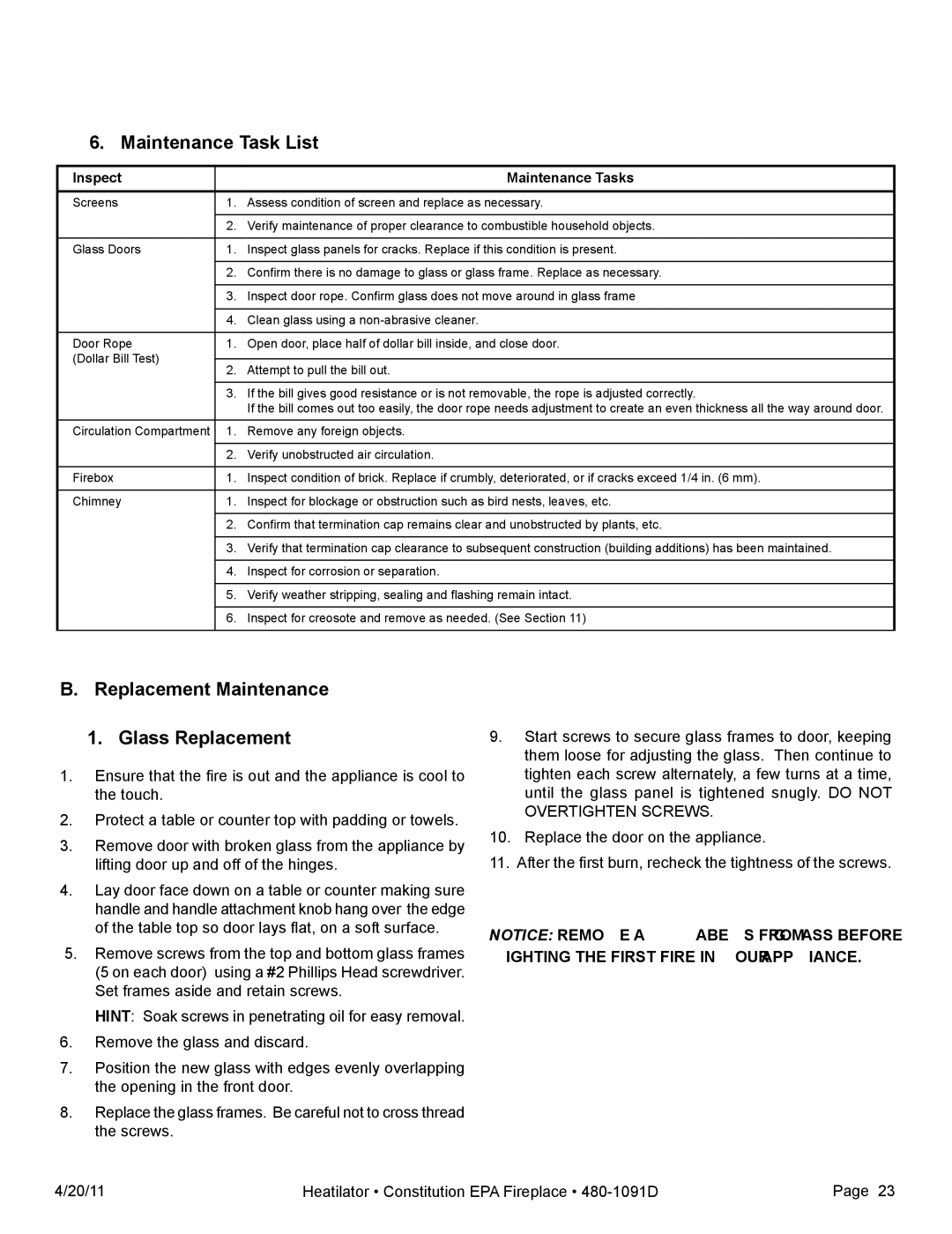 Heatiator C40 owner manual Maintenance Task List, Replacement Maintenance Glass Replacement 