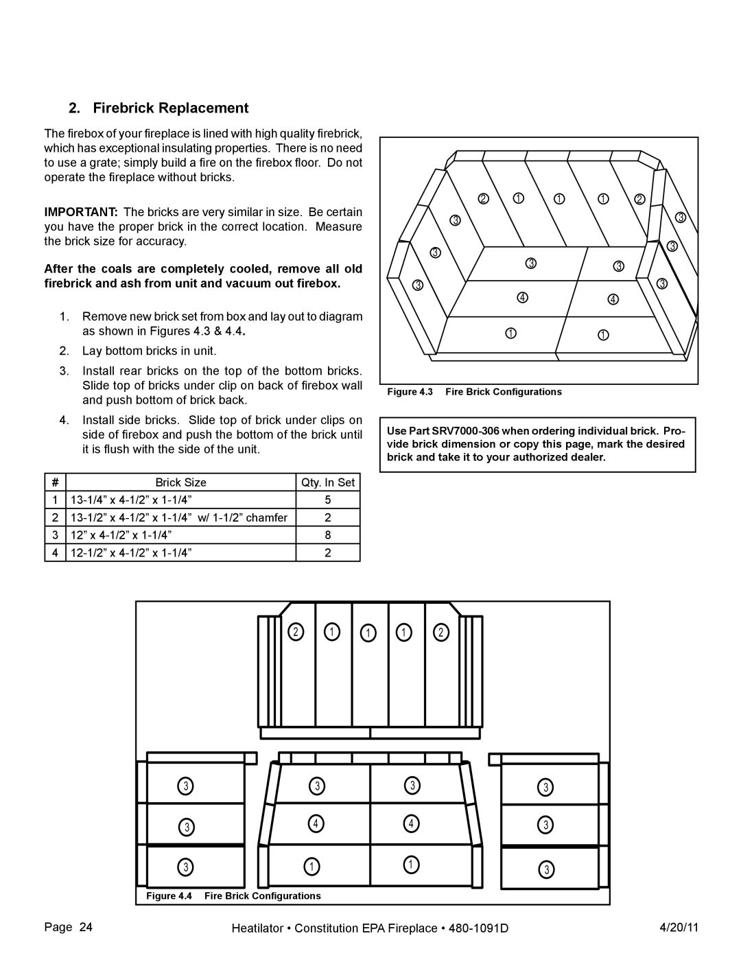 Heatiator C40 owner manual Firebrick Replacement, Fire Brick Configurations 