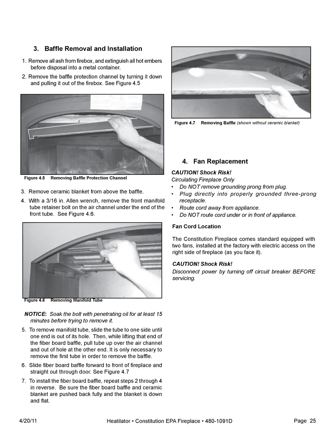 Heatiator C40 owner manual Baffle Removal and Installation, Fan Replacement, Fan Cord Location 