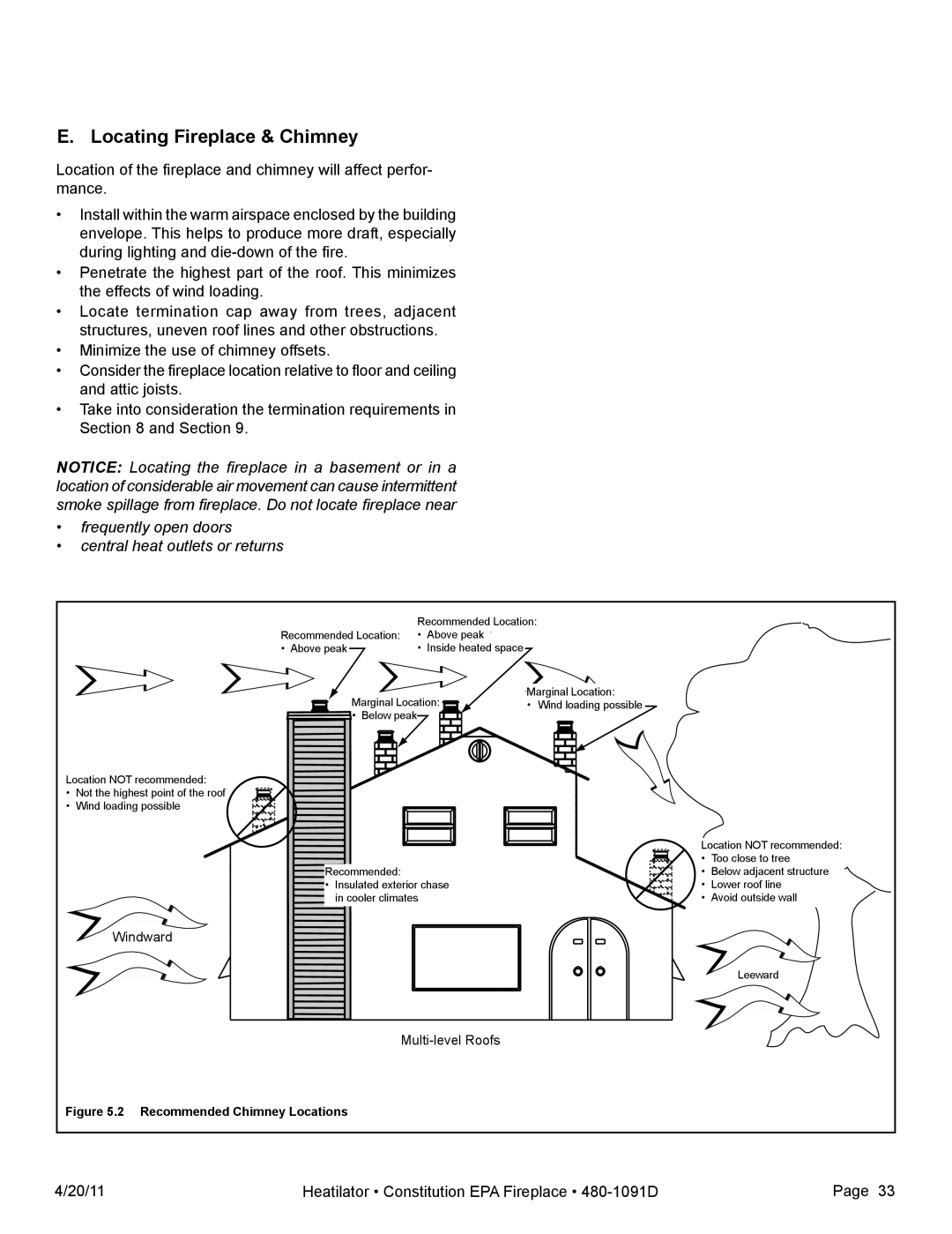 Heatiator C40 owner manual Locating Fireplace & Chimney, Frequently open doors Central heat outlets or returns 