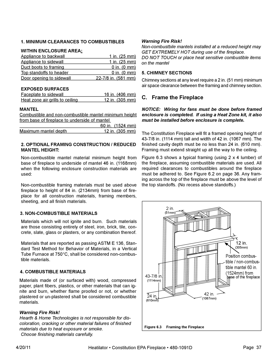 Heatiator C40 owner manual Frame the Fireplace, Optional Framing Construction / Reduced Mantel Height 