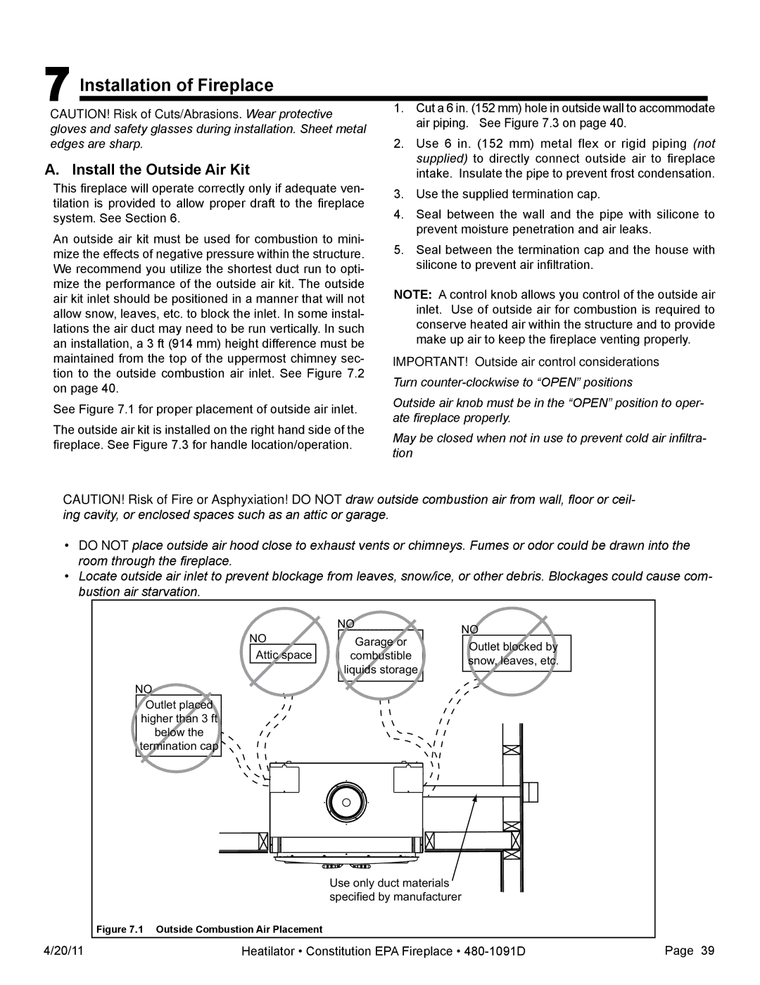 Heatiator C40 owner manual Installation of Fireplace 