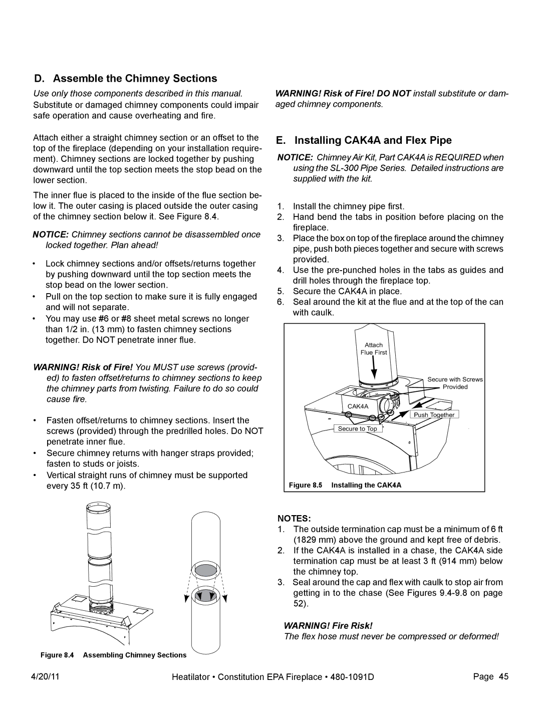 Heatiator C40 owner manual Assemble the Chimney Sections, Installing CAK4A and Flex Pipe 