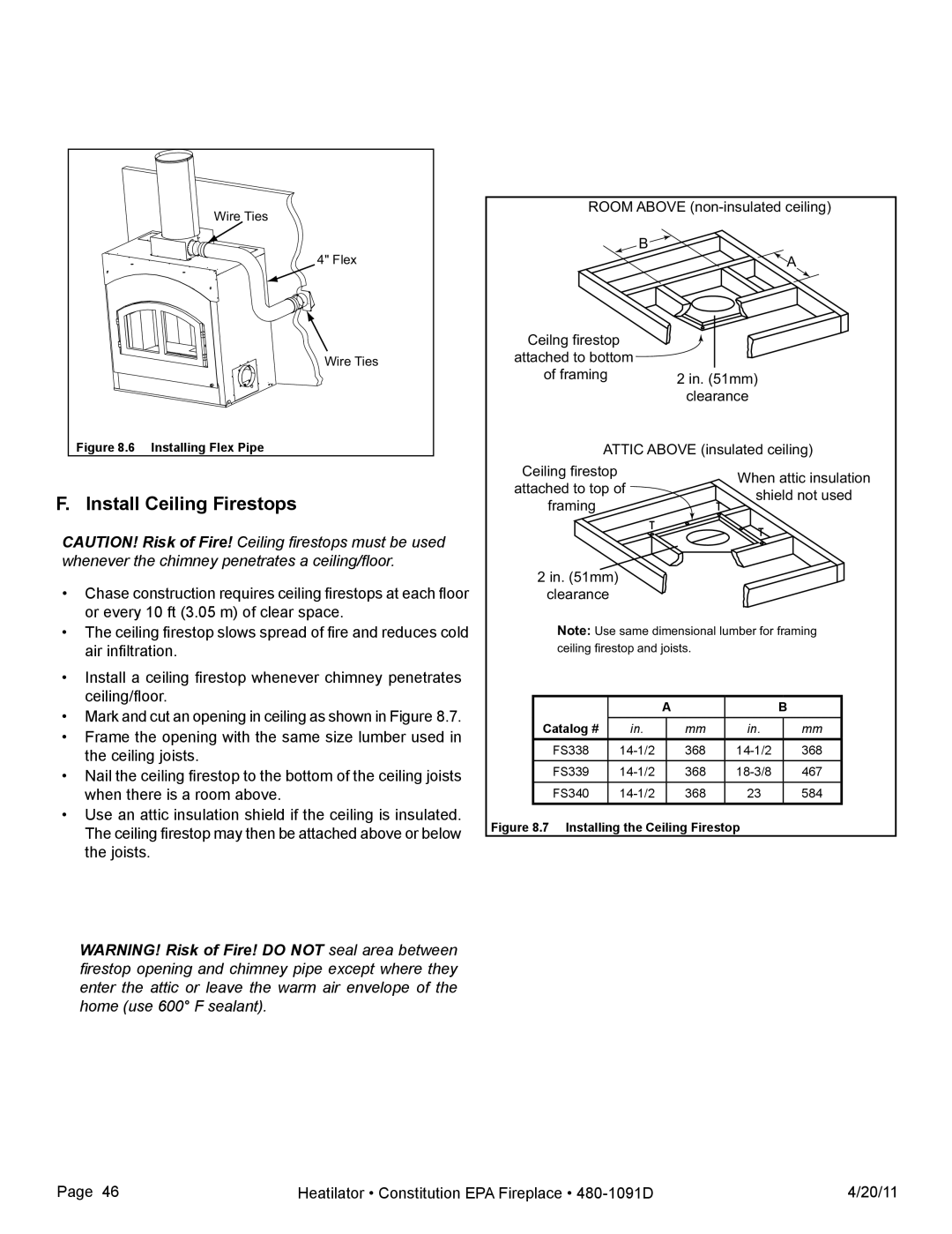 Heatiator C40 owner manual Install Ceiling Firestops, Installing Flex Pipe 