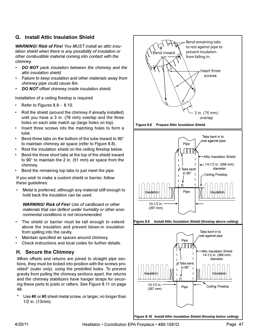 Heatiator C40 owner manual Install Attic Insulation Shield, Secure the Chimney 