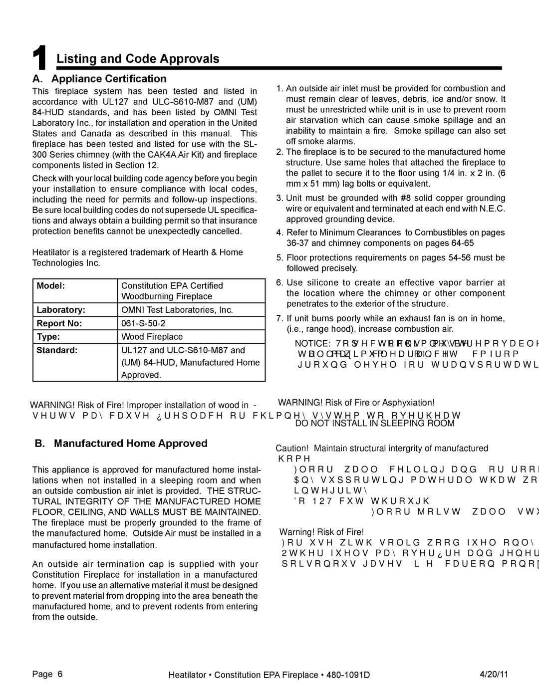 Heatiator C40 owner manual Listing and Code Approvals, Appliance Certification, Manufactured Home Approved 