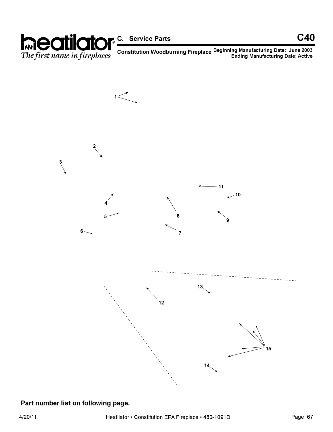 Heatiator C40 owner manual Service Parts, Part number list on following 