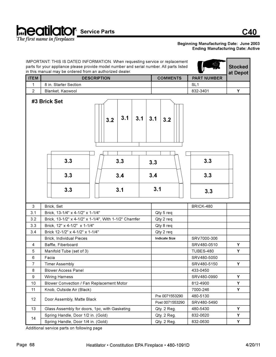 Heatiator C40 owner manual #3 Brick Set, Stocked 