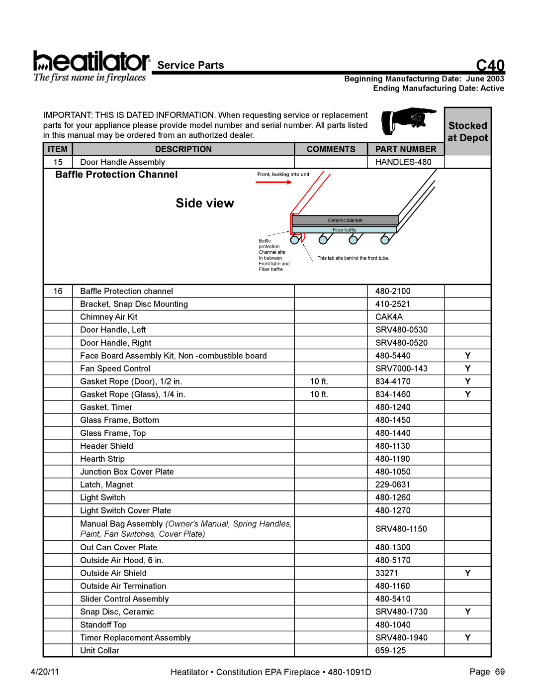 Heatiator C40 owner manual Side view, Door Handle Assembly 