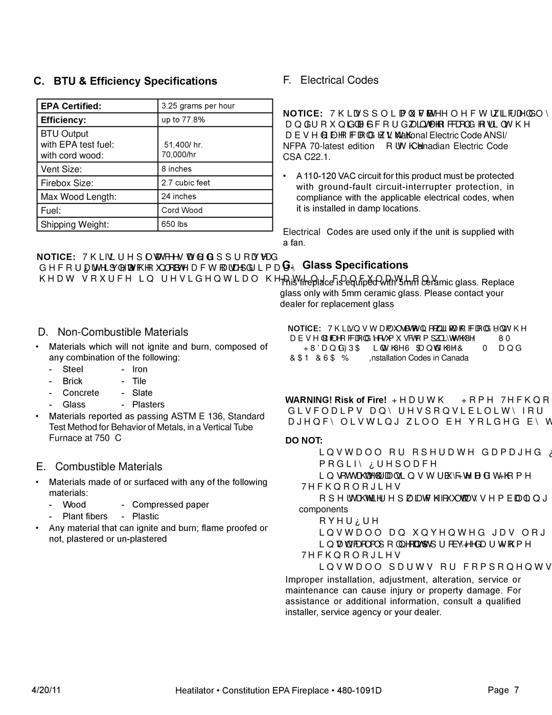 Heatiator C40 BTU & Efficiency Specifications Electrical Codes, Glass Specifications, Non-Combustible Materials 