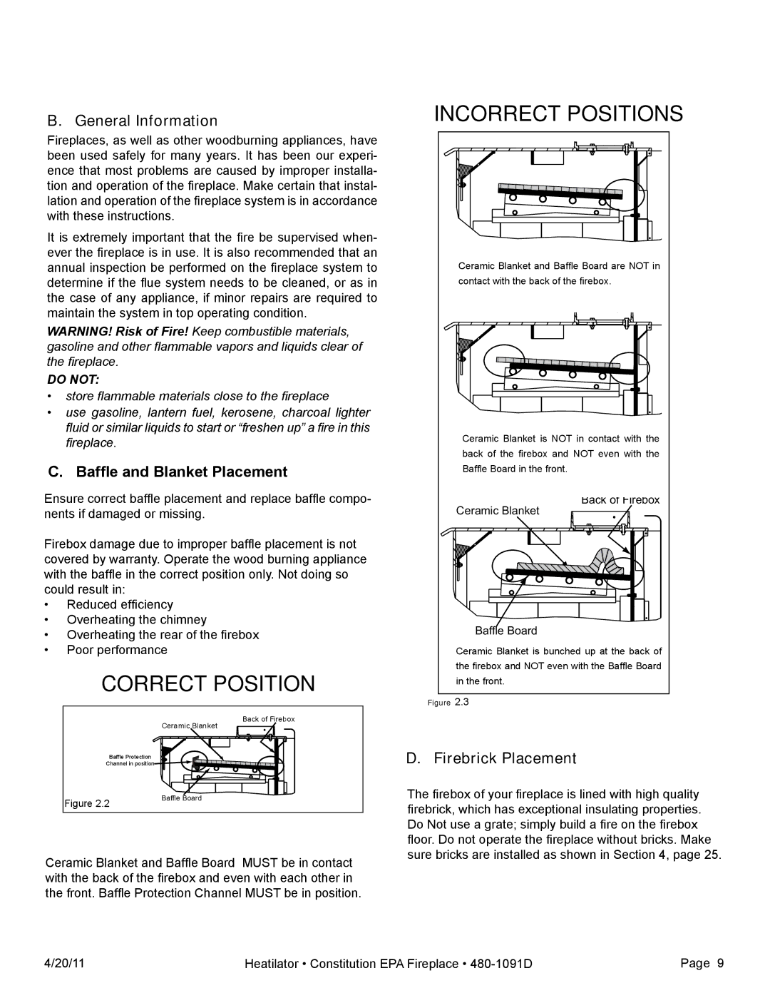 Heatiator C40 owner manual General Information, Baffle and Blanket Placement, Firebrick Placement 