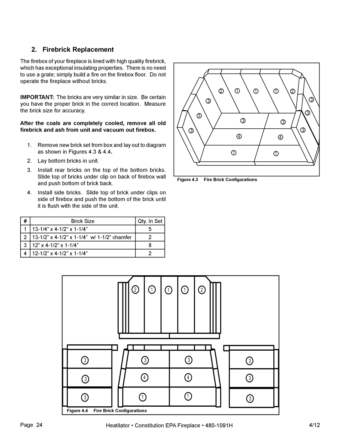 Heatiator C40 owner manual Firebrick Replacement, Fire Brick Configurations 