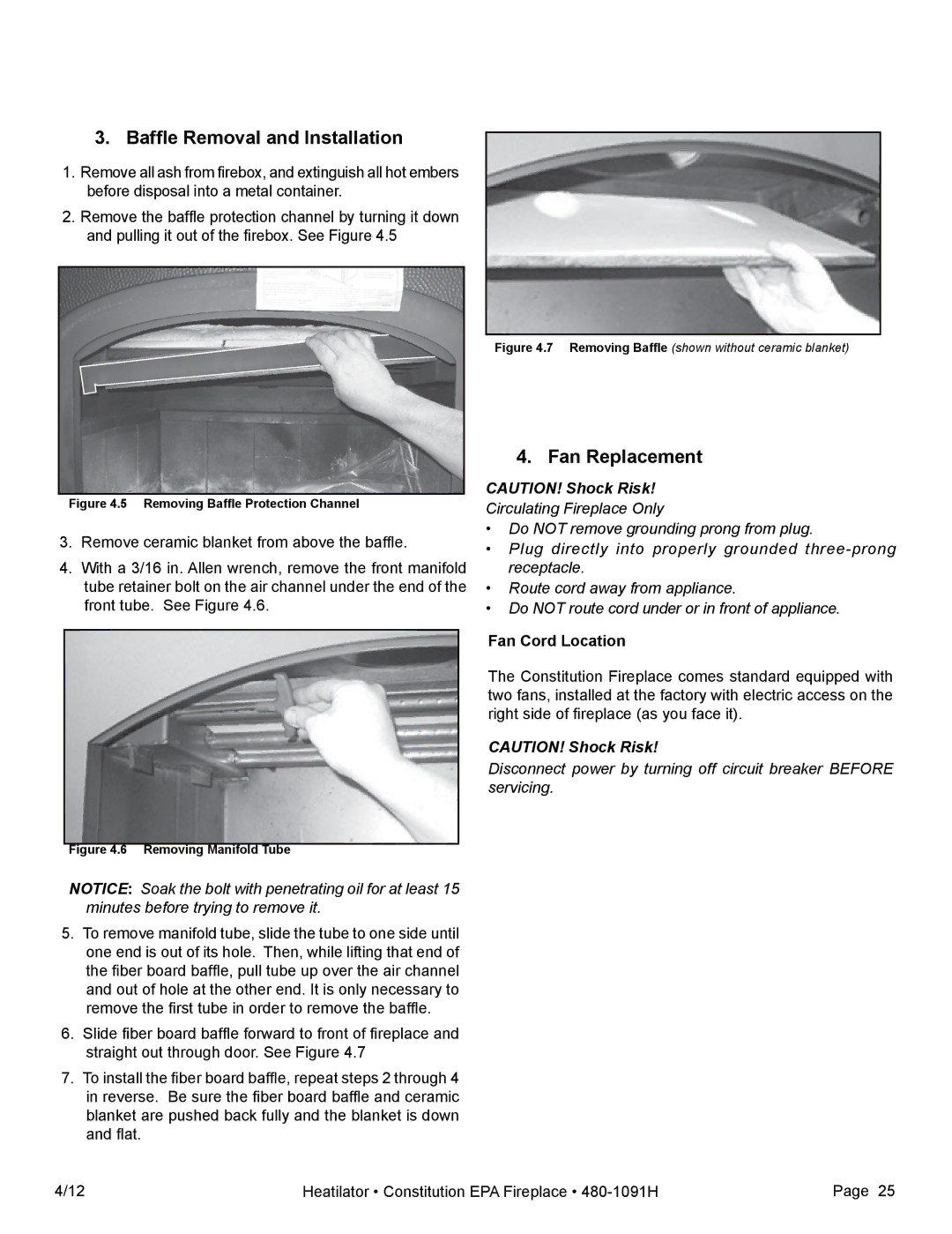 Heatiator C40 owner manual Baffle Removal and Installation, Fan Replacement, Fan Cord Location 