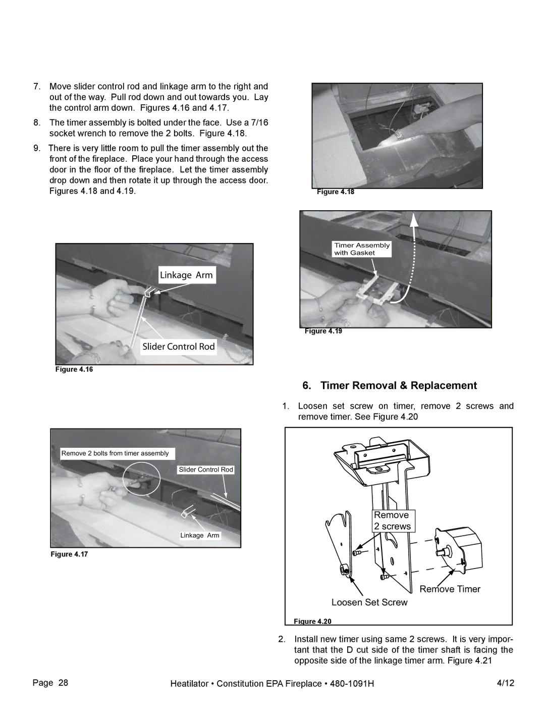 Heatiator C40 owner manual Timer Removal & Replacement, Linkage Arm Slider Control Rod 